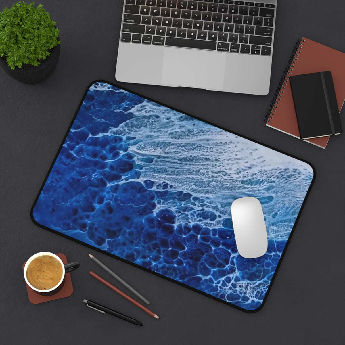 Ocean Blue Abstract Wave Desk Mat