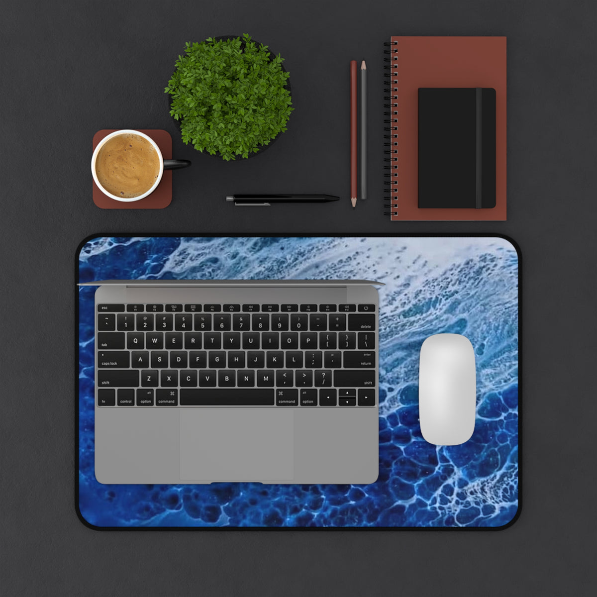 Ocean Blue Abstract Wave Desk Mat