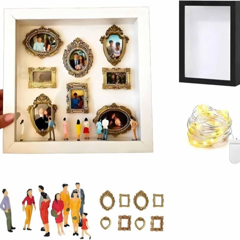 DIY Mini Museum Shadow Box Kit | Anniversary Wedding Memory Display with Gold Frames & Figurines