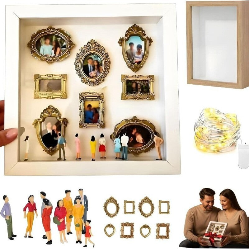 DIY Mini Museum Shadow Box Kit | Anniversary Wedding Memory Display with Gold Frames & Figurines