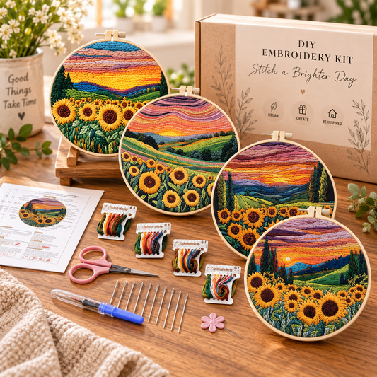 Sunflower Sunset Embroidery Kit – DIY Landscape Stitching Set