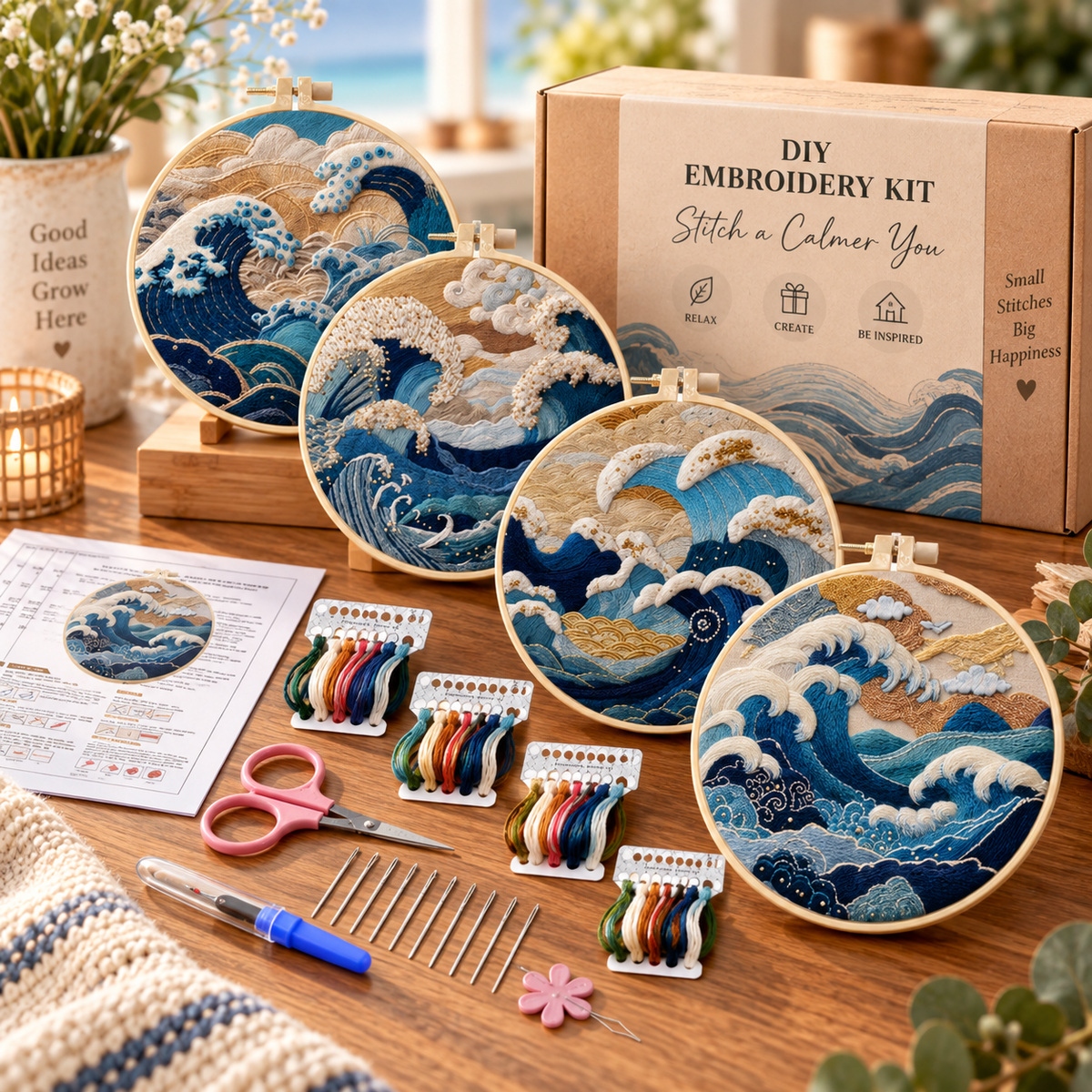 Ocean Waves Embroidery Kit – DIY Coastal Landscape Stitching Set