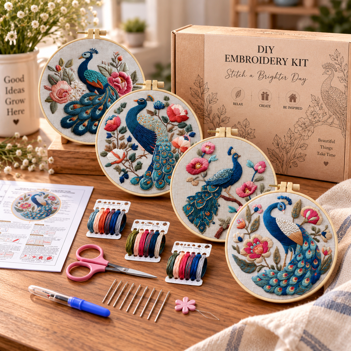 Peacock Embroidery Kit – DIY Floral Needlework Craft Set