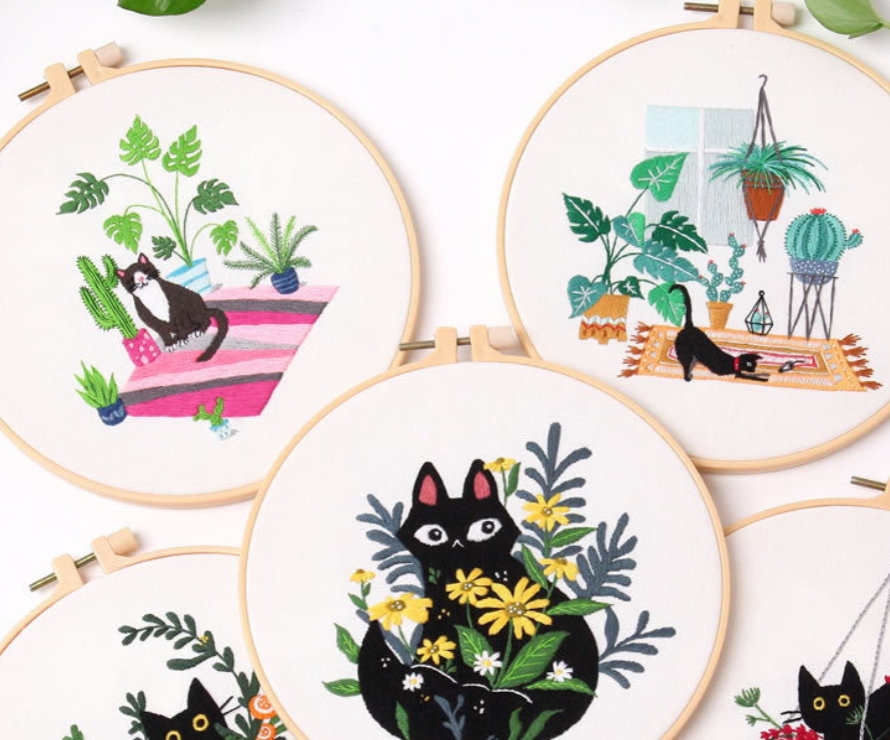 Cat Embroidery DIY Kit – Cute Botanical Designs
