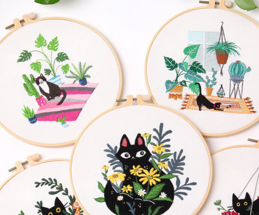Cat Embroidery DIY Kit – Cute Botanical Designs